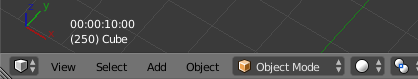 A screenshot of the 3D view in Blender 3D. A bar at the bottom shows 'View', 'Select', 'Add' and 'Object' labels. Above that, over the 3D view is white text showing '00:00:10:00'.